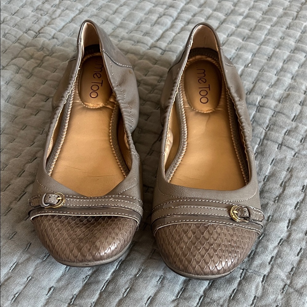 Me Too Grey Taupe Leather Loafers with Buckle Accent